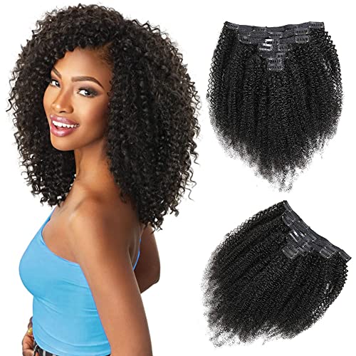 10 Inch Kinky Curly Clip In Hair Extensions Real Human Hair for Black Women Natural Kinky Curly Clip Ins Human Hair Extensions 4b/4c Double Weft Brazilian Virgin Hair 7Pc/set (10'',Natural Black)