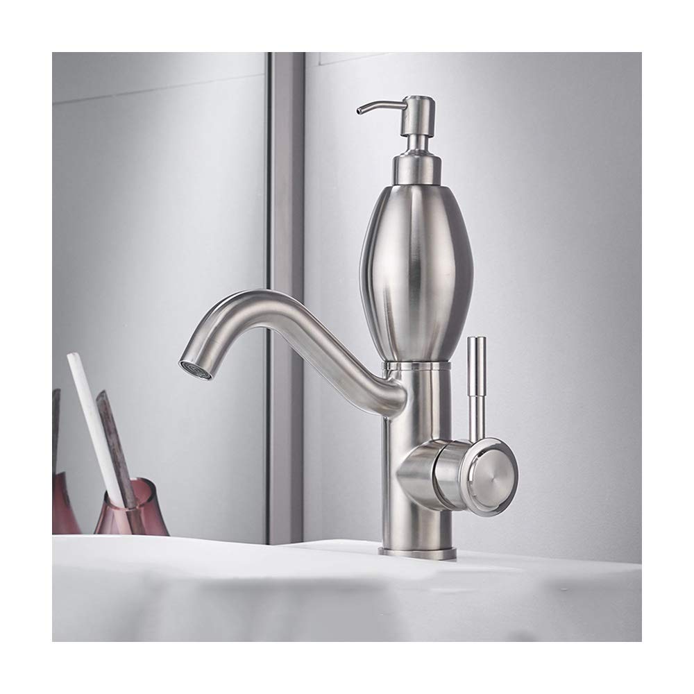 Creativo Rubinetto Lavabo Bagno con Acqua Calda e Fredda 304 Acciaio Inossidabile Nichel Spazzolato Montato Sul Ponte Rubinetti per Lavandini Bagno con Distributore di Sapone per Hotel, Cucina,B