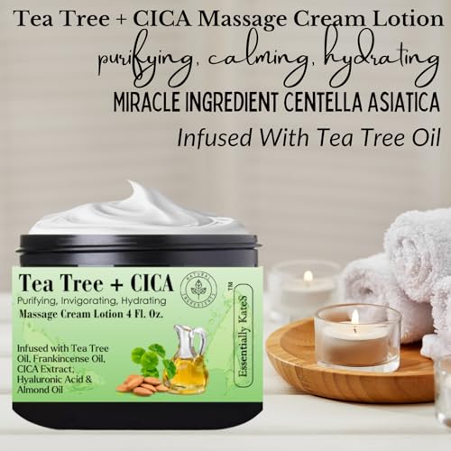 Image of Essentially KateS Tea Tree 2.5% Body Cream Massage Lotions 4 oz, Infused with Centella Asiatica and Frankicensae Oil - Soothing, Hydrating, and Revitalizing - Fights Sore Muscle and Stiffness.