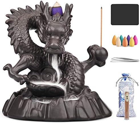 YAJODI Dragon Incense Burner, Backflow Waterfall Incense Holder Tower Aromatherapy Ornament Gifts for Home Office with 60 Backflow Incense Cones, 50 Incense Sticks, 1 Mat, 1 Tweezers