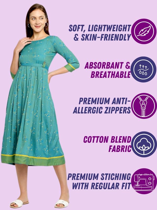 Image of DUMMY SHAPE Maternity Gown for Women | Feeding Flare Kurta with Dual Nursing Zippers for Pre & Post Partum | Maternity Dresses for Women Cotton (DS-MAT-P049-M, Turquoise)