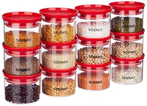 Amazon Brand - Solimo Plastic Storage Jar and Container Set I Air Tight & BPA Free Containers for Kitchen Storage Set I Grocery Kitchen Container Set I Multipurpose Jar, 500 Ml Each, Set 12, Red