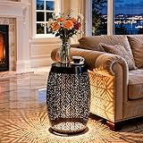 Ultym 18' Cutout Metal Outdoor Side Table with 3-Mode LED Lights, Modern Decorative Drum End Table, Versatile Coffee Table/Garden Stool/Night Stand/Plant Stand for Patio, Living Room, Bedroom