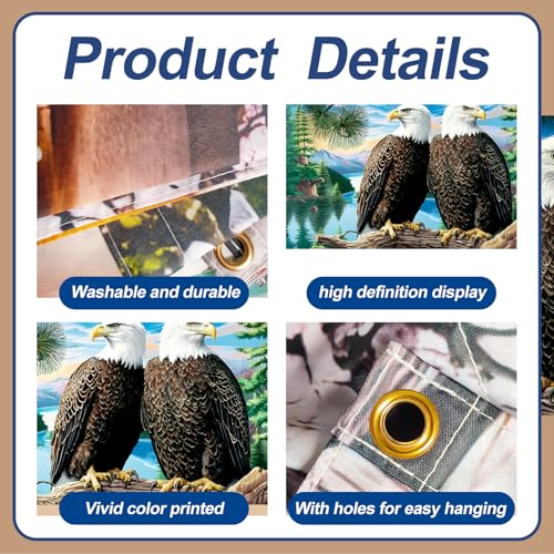 Image of 16x7ft Majestic Eagles Perched Garage Door Banner- Bald Eagles on Tree Branch Backdrop, Large Hanging 2 cars Garage Decorations - for Veterans Day Patriotic Outdoor Background Sign, Rustic Wall House Decor