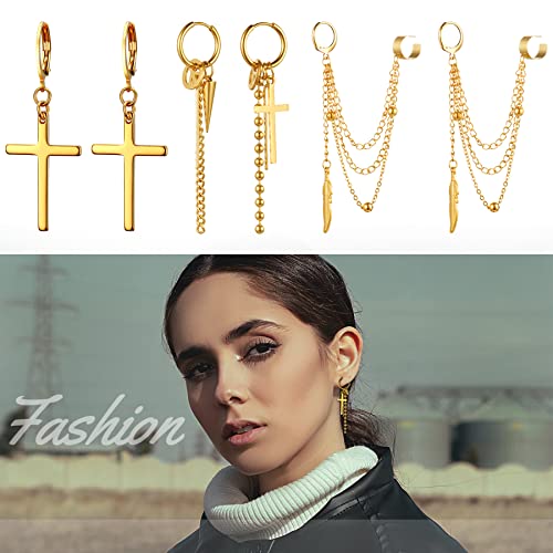 Cupimatch 3 Pairs Hoop Dangle Earrings Stainless Steel Huggie Hinged Chain Feather Cross Pendant Hoop Earrings4