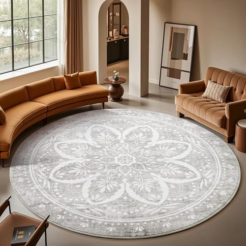 Image of Carvapet Washable 8ft Round Area Rug Grey Vintage Circle Carpet