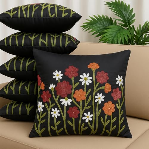 Image of LOFEY Satin Cushion Covers Set of 5 | 16 inch x 16 inch (40x40 cm) MultiFloral Decorative Sofa & Bed Pillow Covers for Living Room & Bedroom Decor (Without Filler) (Black)