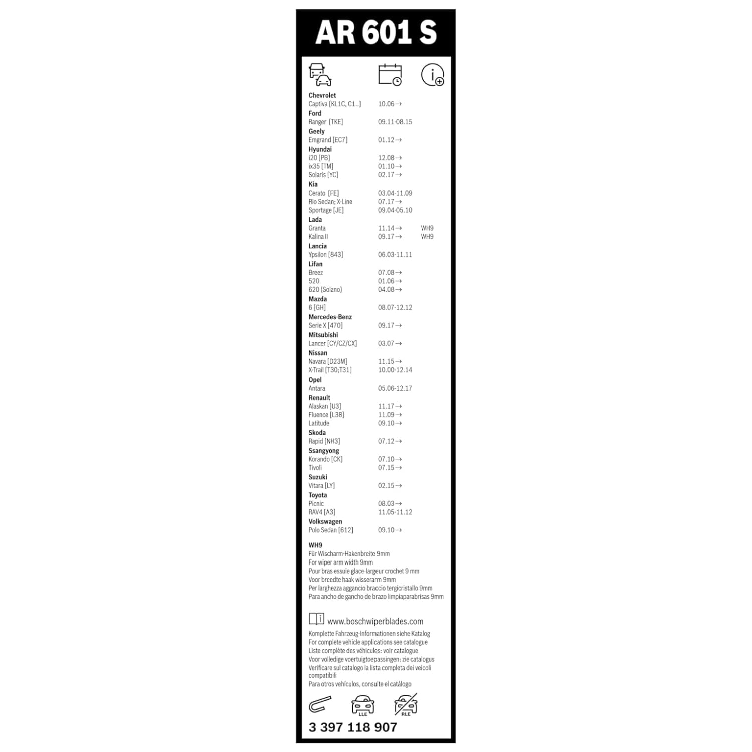 BOSCH Spazzola tergi 3397118907 Compatibile con: CHEVROLET CAPTIVA, CAPTIVA SPORT, CAPTIVA Van, DODGE CALIBER, FORD RANGER, HONDA JAZZ II, HYUNDAI i20 I, ix35, ix35 Van, SOLARIS Stufenheck, TUCSON