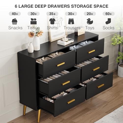 GarveeHome 6 Drawer Dresser, Modern Wooden Dresser with Gold Handles and Storage Space, Chest of Drawers for Bedroom, Hallway, Living Room and Entryway, Black