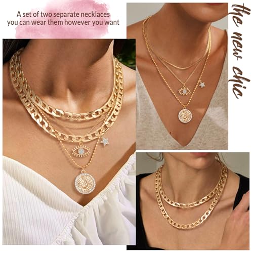 MJartoria Gold Layered Necklaces for Women Trendy Retro Coin and Evil Eye Pendant Necklace Dainty Chunky Chain Choker Necklaces for Jewelry Birthday Gifts4