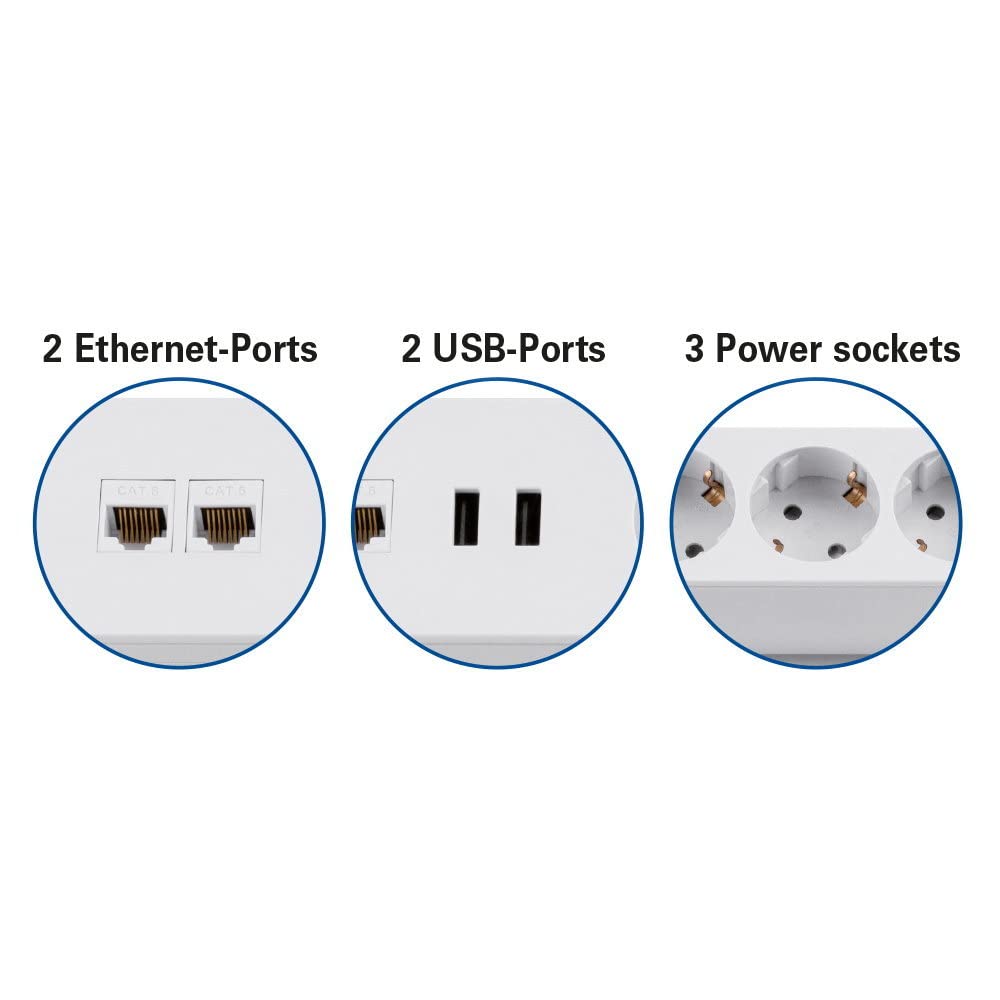 Aluminium Office Steckdosenleiste 3-Fach, USB-A, Internet CAT6 LAN