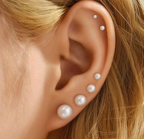 LOUMILEO 6 Pairs Pearl Earrings Set Hypoallergenic Small Sterling Silver Stud Earrings for Women Man 3-10MM Tiny Cartilage Piercing Pearl Studs for Multiple Piercing4