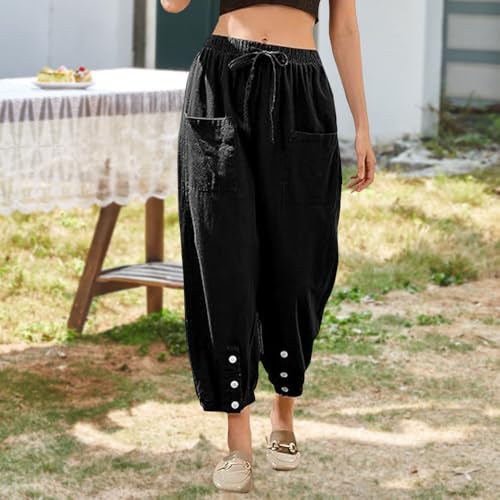 Women Elastic Waisted Cargo Pants Casual Drawstring Wide Leg Pants with Pockets Loose Button Trousers2
