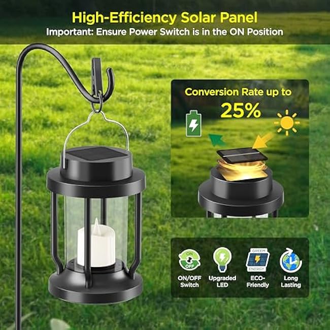 Solar Lantern Outdoor Indoor Use ¨C Hanging Solar Lights with Realistic Flickering Flameless Candle, Weatherproof for Garden Decor, Patios, Trees, and Lawns (Black, 2 Pack)