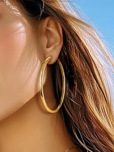 Image of Stainless Steel Chunky Hoop Earrings For Women, Minimalist and Chic, Black /Gold Plated, Round Hoops Earrings Hypoallergenic, Size: 30mm /40mm /60mm /80mm, Come with Box