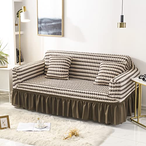伸縮性のあるソファカバー、フリル付き、ソフト3Dバブル生地、子供用家具保護、4人掛けソファにフィット ホームデコレーションソリューション