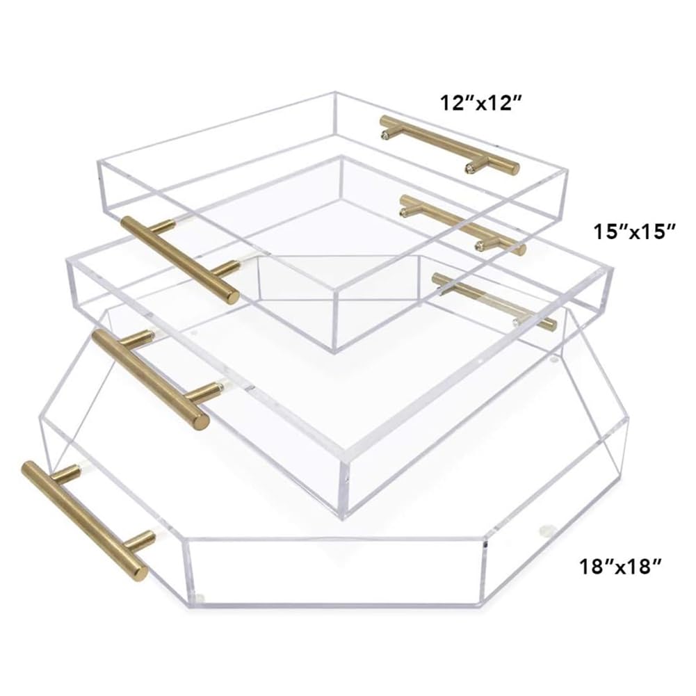 Bandeja de servir acrílica resistente, forma octágono con asas de metal pulido, a prueba de derrames, fácil de limpiar para cocina, baño, uso doméstico