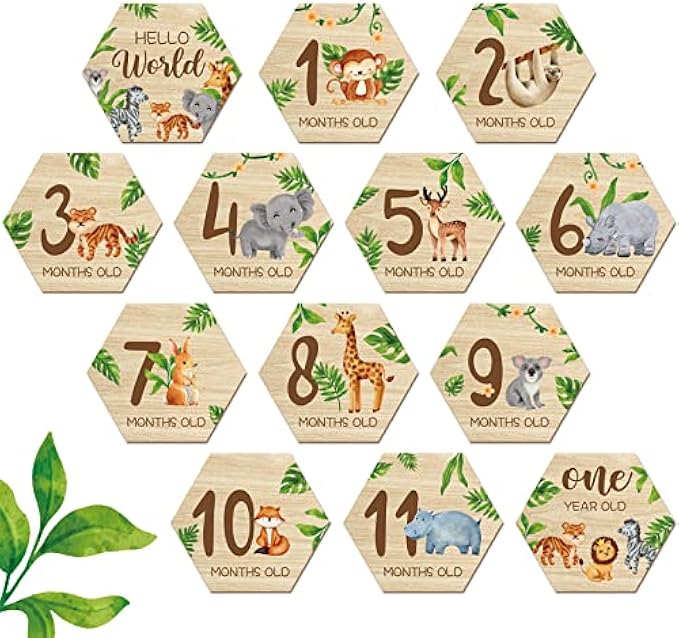 13 Pcs Wooden Baby Milestone Blocks Cards Wood Baby Month Signs for Girl Discs Boho Double Sided Print Marker Gift Photo Prop Discs Sets Birth Announcement for Baby Shower Newborn (Animal)