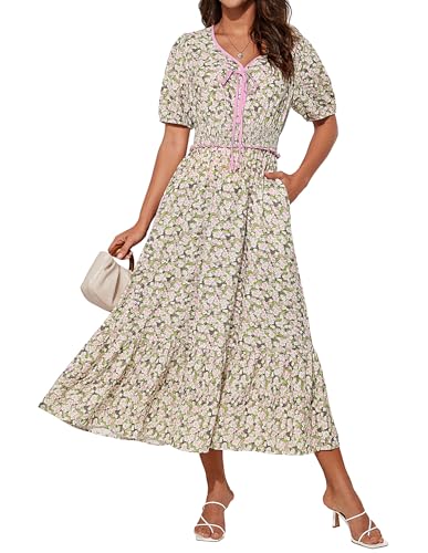Damen Elegant Kurzarm Midikleid A Linien V-Ausschnitt Blumenkleid Festlich Kleid Sommerkleid Grün-Rosa Blumen M