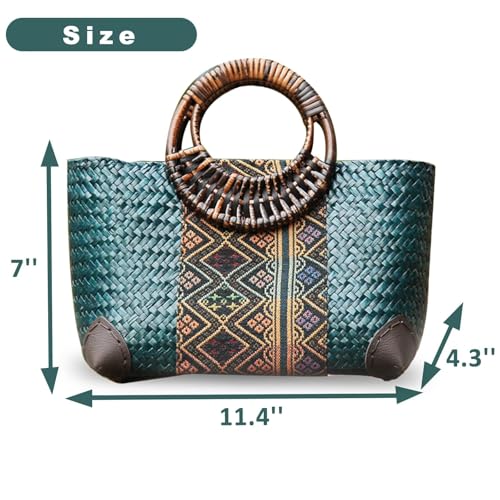 Bolso de playa para mujer, bolso tote de ratán artesanal, asa redonda de bambú miniatura 4