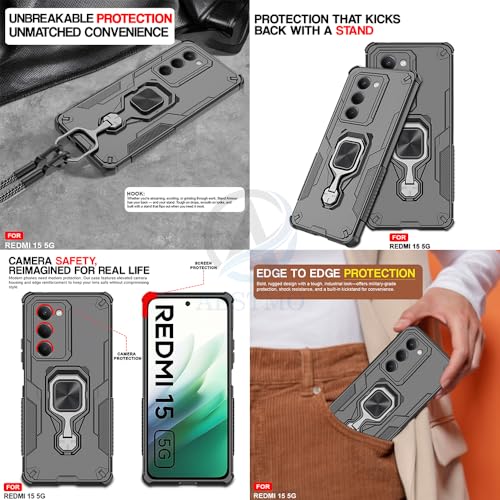 Image of AESTMO Armor Back Cover for Redmi 15 5G | Ring Holder & Kickstand & Camera Protection in-Built | 360 Degree Protection Back Case Cover (Black)