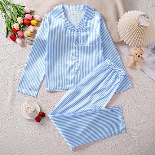 Teen Boys Girls Satin 𝐏a𝐣ama Set Striped Long Sleeve 𝗦ilk 𝐏a𝐣amas 2 Piece 𝐋oun𝐠ewear Button-Down 𝐏𝐉𝘀 𝐒lee𝐩wear2
