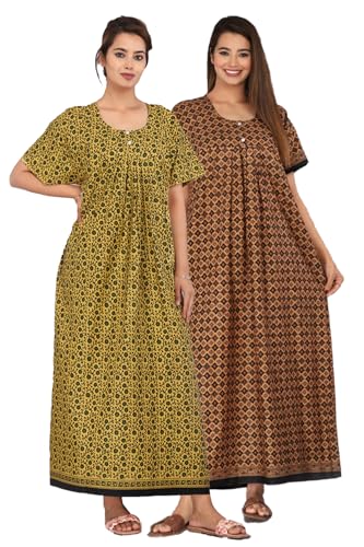 Image of Kuruti B Sheets Nighty for Women Cotton Combo (Pack of 2 Pcs) Nighty Gown Round Neck Short Sleeves Free Size