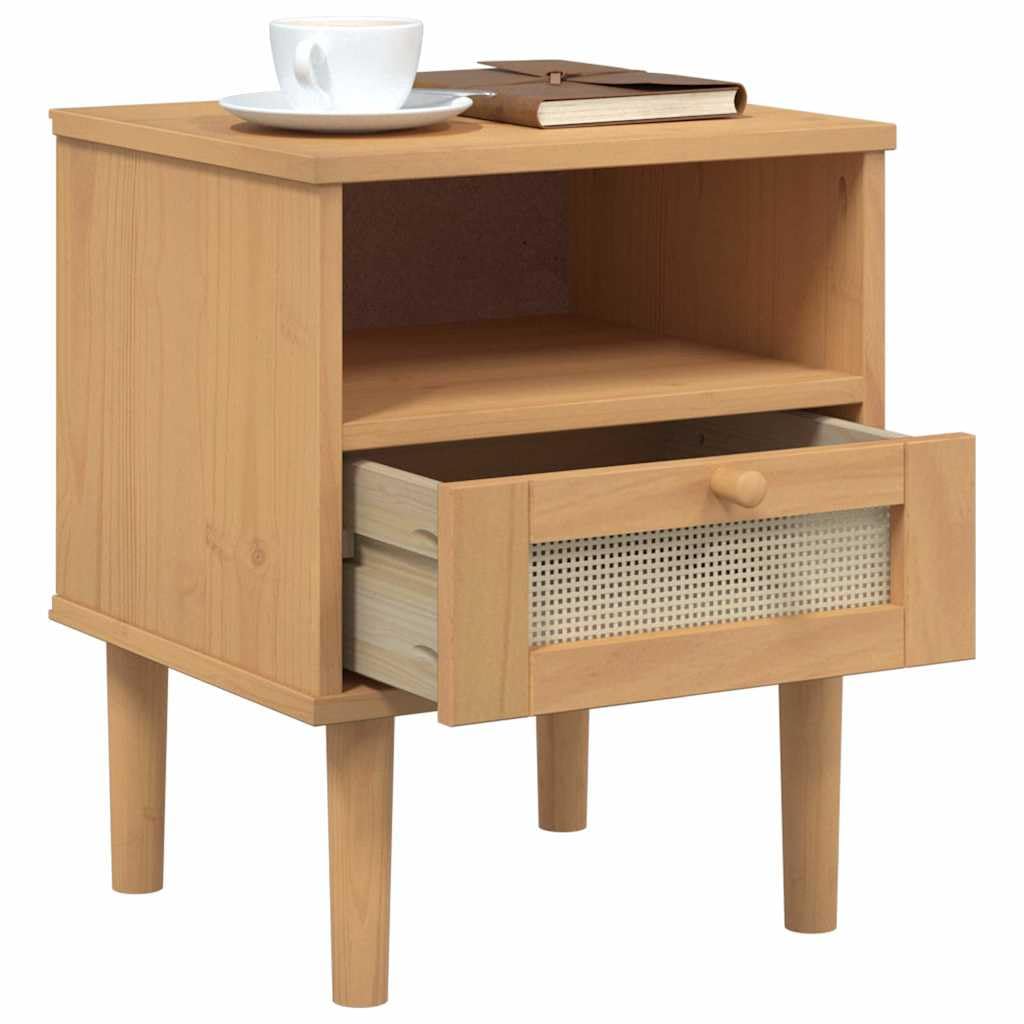 Comodino in legno massiccio e rattan, marrone, 40 x 35 x 48 cm, SENJA