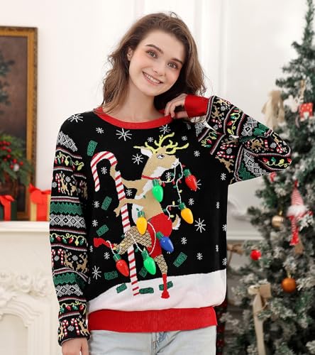 Fanient Women LED Light Up Ugly Christmas Sweater Snowflake Reindeer Xmas Sweater Built-in Light Bulbs Knitted Pullover2