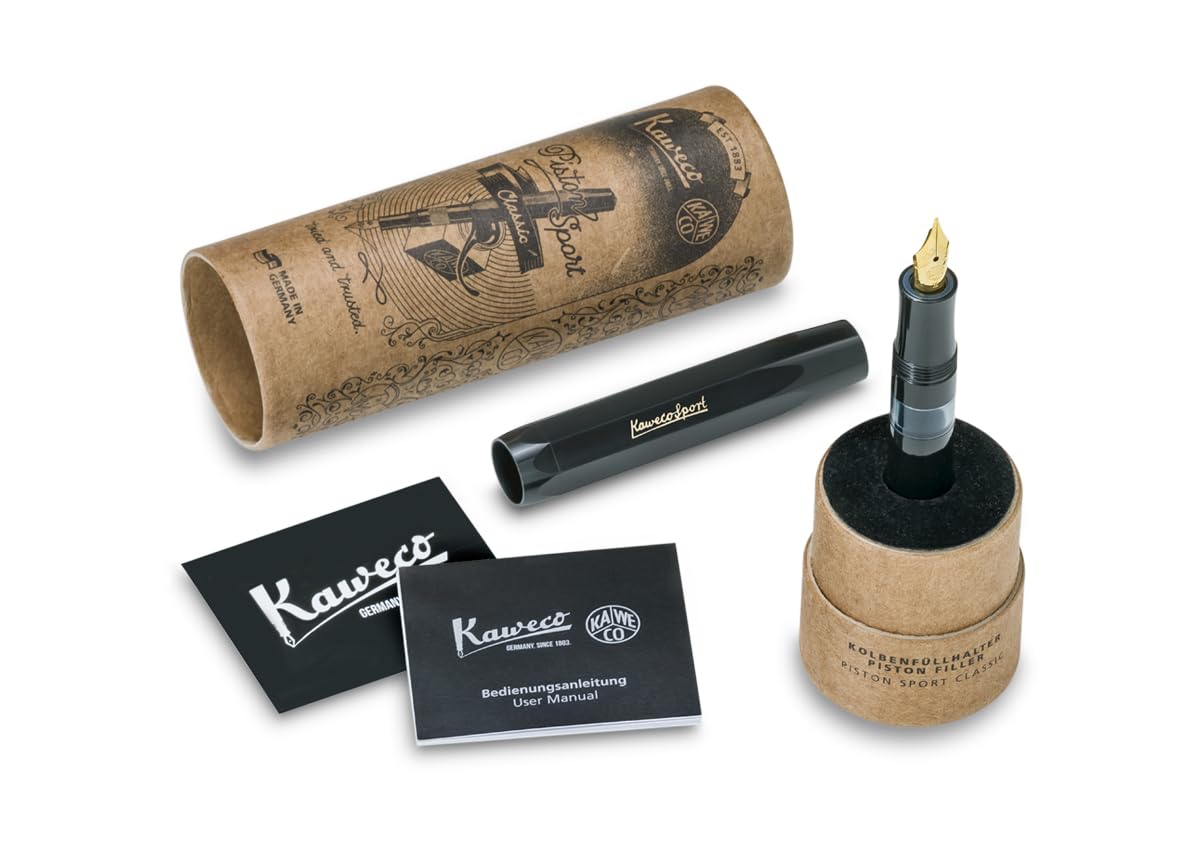 Kaweco PISTON SPORT CLASSIC Czarny/Złoty I Premiumowe plastikowe pióro wieczne z przezroczystym okienkiem na atrament w nostalgicznej skrzynce I Ekskluzywne pióro wieczne 13 cm I Końcówka: M (Średnia)