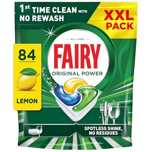 Fairy Original Power Dishwasher Tablets Lemon 84 Capsules 1st Time Cleaning Action with No Rewash Effective on 100% Grease Spotless Shine without Residues