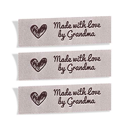 Wunderlabel Made with Love by Grandma Grandmother Woven Ribbon Clothing Clothes Garment Fashion Embroidered Heart Symbol Iron On Fabric Craft Rectangle Tags, Dark Brown on Off White, 50 Labels