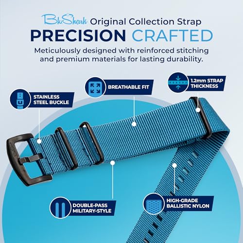 Image of BluShark - Original Collection Military-Style Waterproof Watch Strap, Fits All Timepiece Brands, Durable Nylon Wristwatch Accessories with Stainless Steel Buckle - 18mm, 20mm, 22mm & 24mm Watch Bands