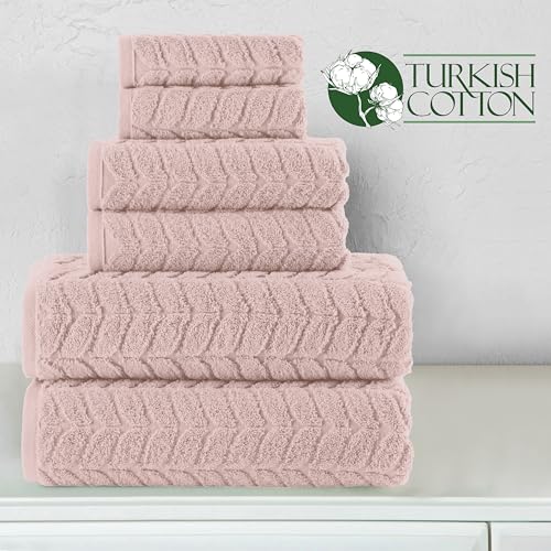 Image of Elegant Comfort Luxury 6-Piece 100% Turkish Cotton Jacquard Braided Textured Premium Hotel Quality Towel Set- Soft and Absorbent, Includes 2 Bath Towels, 2 Hand Towels and 2 Washcloths, Dusty Pink