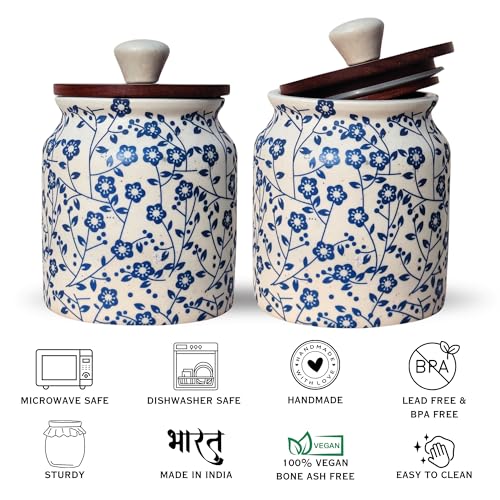 Image of Vistas 'Heritage Blue' Airtight 420ml Set of 3 Ceramic Jar for Kitchen Storage | Handcrafted Ceramic Barni with Wooden Lid | Multipurpose Pickle, Spice & Salt Container