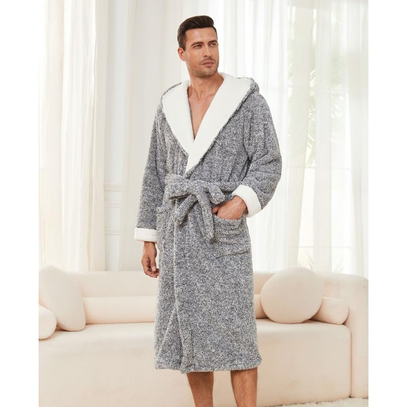 Vulcanodon Mens Plush Hooded Robe, Soft Fluffy Mens Fleece Robe Long Warm Men Bathrobes3