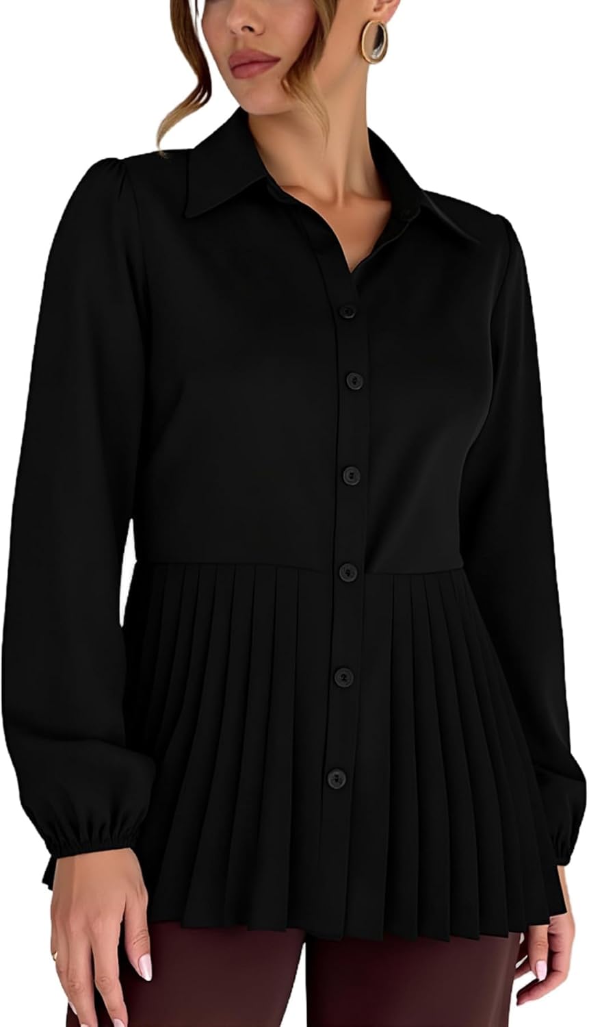 MakeMeChic Women's Peplum Pirate Button Down Blouses Long Sleeve Pleated Ruffle Casual Dressy Blouse Tops - Image 2