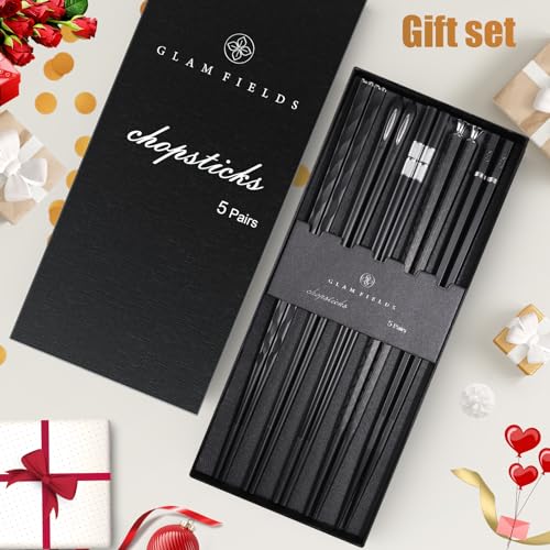GLAMFIELDS 5 Pairs Premium Chopsticks Reusable Dishwasher Safe 9.5 Inch Fiberglass Chop Sticks Gift Set Non Slip Black + Silver - Thumbnail 7