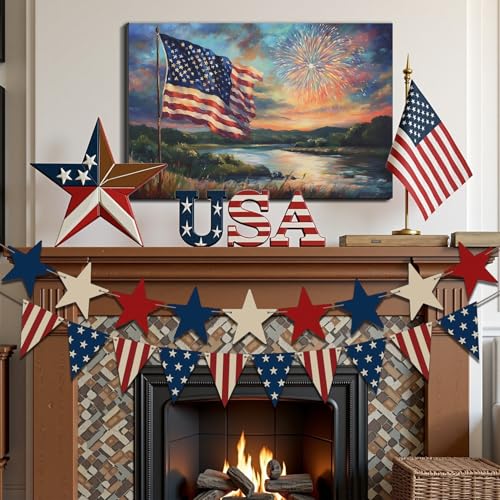 Image of Framed American Flag Sunset Fireworks Wall Art, Patriotic 4th of July Canvas Art Pictures, USA Flag Wall Decor for Living Room Man Cave Bar, Ready to Hang Made in USA