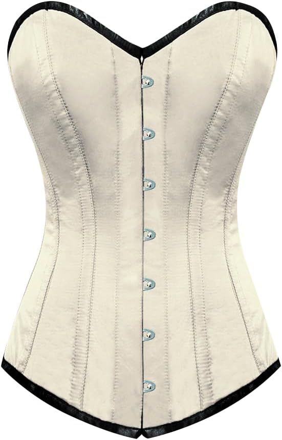 Woman's White Satin Gothic Burlesque Costume Long Overbust Corset Waist Training