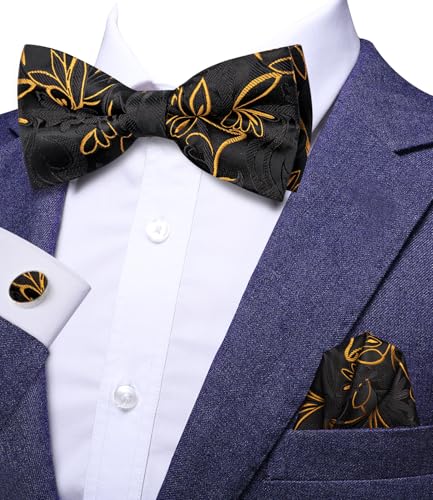 Image of Hi-Tie Black Gold Floral Bow Ties for Men Pocket Square Lapel Pins Cufflinks Mens Bowtie Sets for Wedding Formal Party