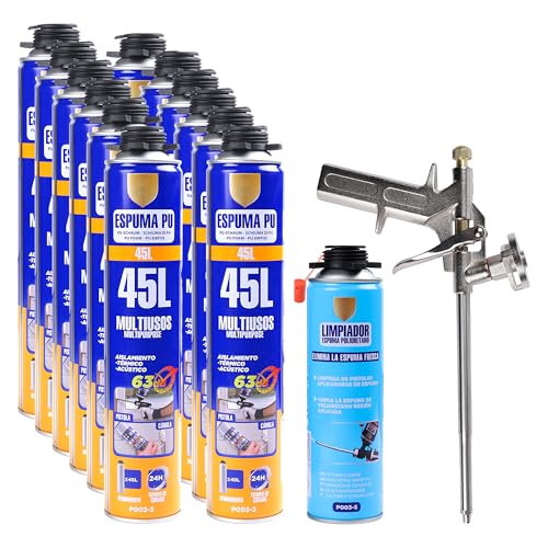 Set Completo de Espuma de Poliuretano - Incluye 12 Botes Espuma Poliuretano 750ml, 1 Pistola de Espuma Poliuretano y 1 Limpiador de Espuma 500ml