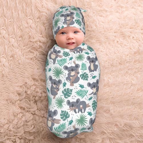 Image of Lcokin Cute Koala Baby Stuff Swaddle Blanket Hat Set for Boys Girls, Soft Newborn Sleeping Sack Receiving Blanket Shower Gift