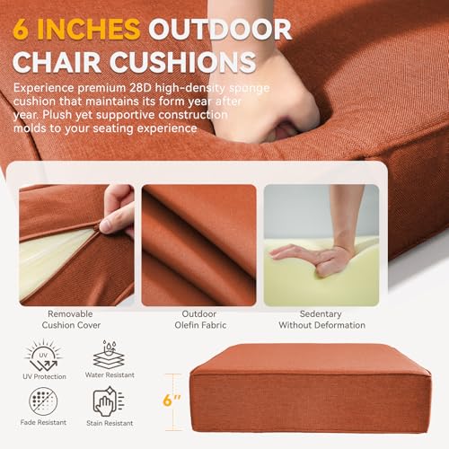 Image of 6 inch Thick Outdoor Chair Cushions - 24 inch* 24 inch Patio Furniture Cushions with Water Resistant & Removable Cover, 28D High Density Sponge Patio Cushion for Outdoor Furniture Couch Chair Orange
