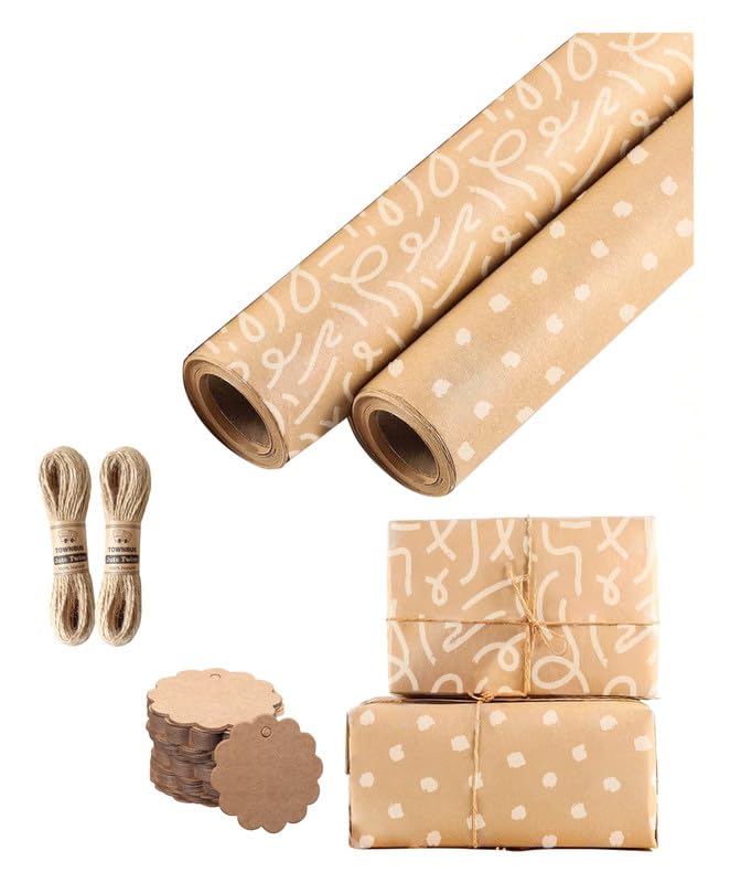 TOWNBUS | Pack of 20 |45cm x 60cm |100 GSM Kraft Paper with Minimal Lines Print & Smudge dots in White | with 20 Tags & Jute Ropes | Perfect for Gift Packing, Bouquet Wrapping and so on