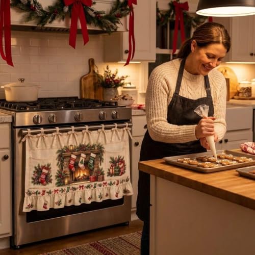 Aufmer Vintage Fireplace Print Christmas Oven Skirt Curtains W/ 2 Pockets - image 4