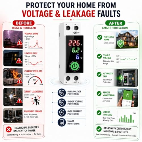 Image of Blackt Electrotech BT74NVF 63A Wi-Fi Circuit Breaker with Over-Voltage, Current Protection & Energy Metering Remote Control, Timer, & Power Monitoring | Smart Life, Alexa (With Dispaly)