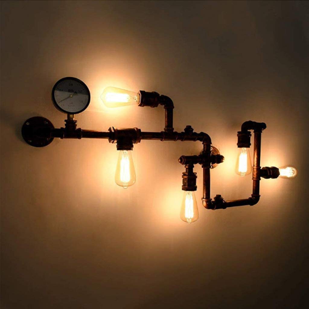 Retro Industrial Wandleuchte Nostalgie Vintage Wandlampe Wasserrohr Lampe E27*5 Metallschmiedeeisen Gauge Metall Bar Restaurant Cafe Schlafzimmer Hängeleuchte Studie Wandbeleuchtung Kronleuchter