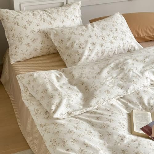 Image of MKXI White Garden Duvet Cover Beige Floral 100% Cotton Coquette Duvet Cover Queen Set Shabby Chic Aesthetic Bedding Vintage Comforter Quilt Cover Twin