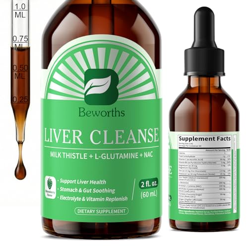 B BEWORTHS Liver Cleanse Detox & Repair - Liver Support Liquid Drops with Milk Thistle, L-Glutamine & NAC, Liver Support, Stomach & Gut Soothing, Electrolyte & Vitamin Replenish, Vegan